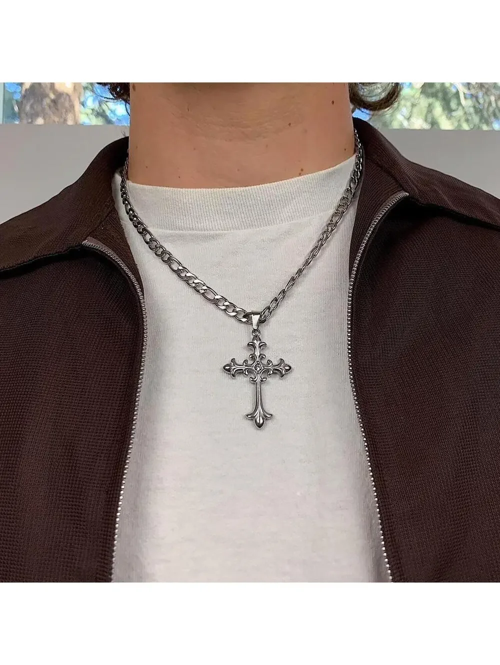 Y2k style Silver Figaro Big Gothic Rhinestone Cross Pendant Necklace. Stainless
